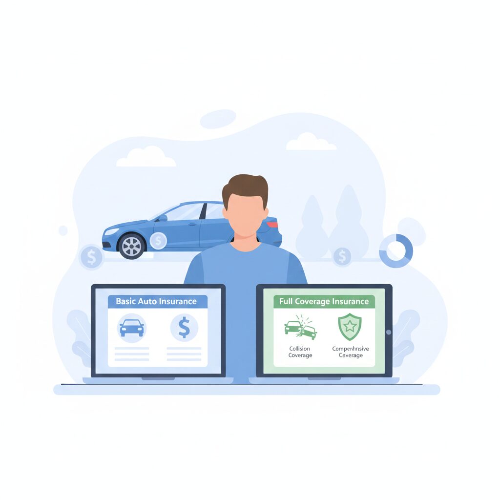 Driver comparing auto insurance vs full coverage insurance in 2026