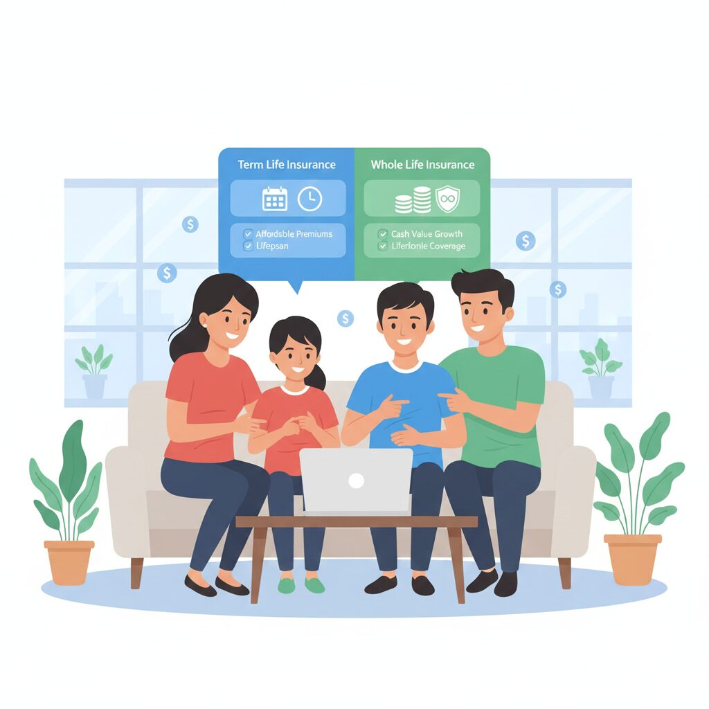 Family reviewing term life and whole life insurance policies in 2026